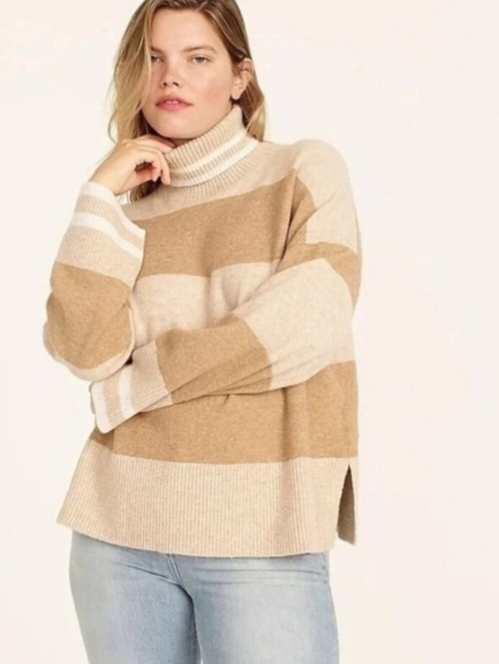 J. Crew tan striped partial wool and alpaca blend turtleneck sweater